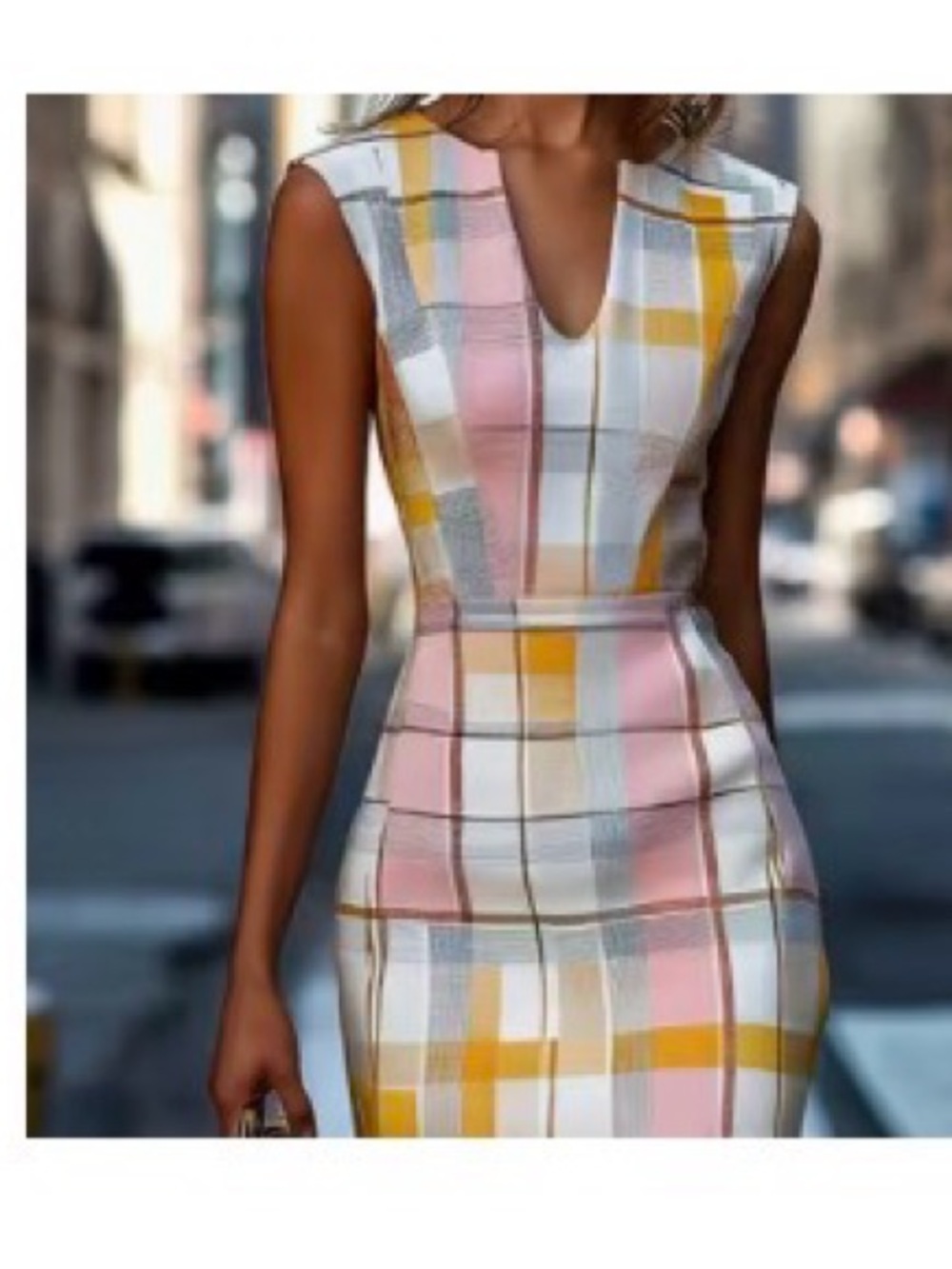 Sleeveless Plaid Sheath Dress in Pink & Yellow